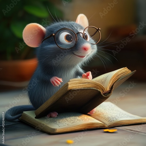 Cute mouse reading book indoors, plants blurred background, children's story illustration photo