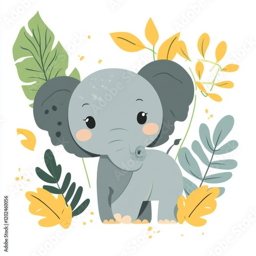 Cute baby elephant in jungle foliage, ideal for children's books photo