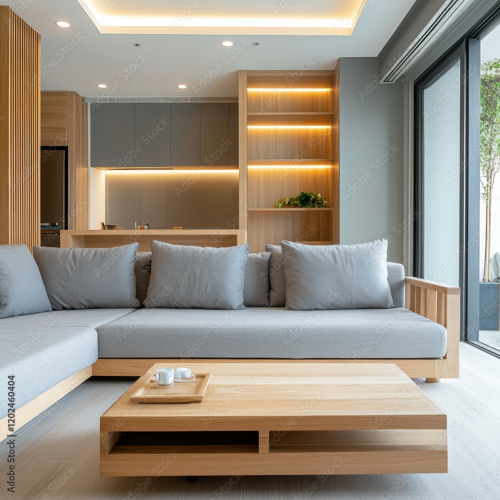 Fototapeta premium Wooden sofa with gray cushions and a coffee table in front of it, surrounded by light gray walls