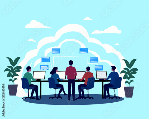 Flat design of professionals collaborating in a digital workspace with cloud integration. Ideal for business, IT solutions, data sharing, and remote work concepts