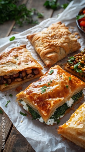 savory pies styled with deconstructivism, presented on crinkled parchment paper. The pies are broken into layers, with golden flaky crusts scattered alongside colorful fillings like spinach and feta photo