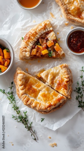 savory pies styled with deconstructivism, presented on crinkled parchment paper. The pies are broken into layers, with golden flaky crusts scattered alongside colorful fillings like spinach and feta photo