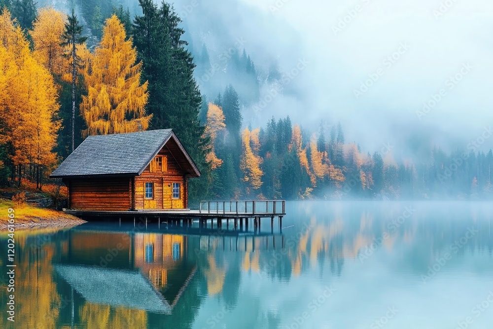Fototapeta premium Serene lakeside cabin surrounded by autumn foliage and misty mou