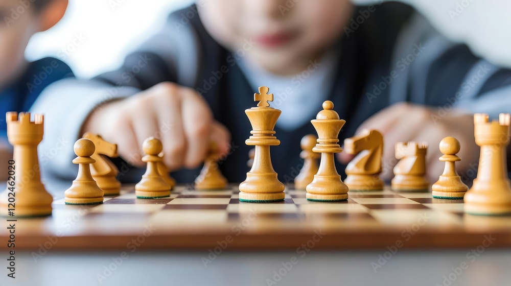 Children playing chess indoors, strategic game, focus on board. Educational resource Children playing chess indoors, strategic game, focus on board. Educational resource
