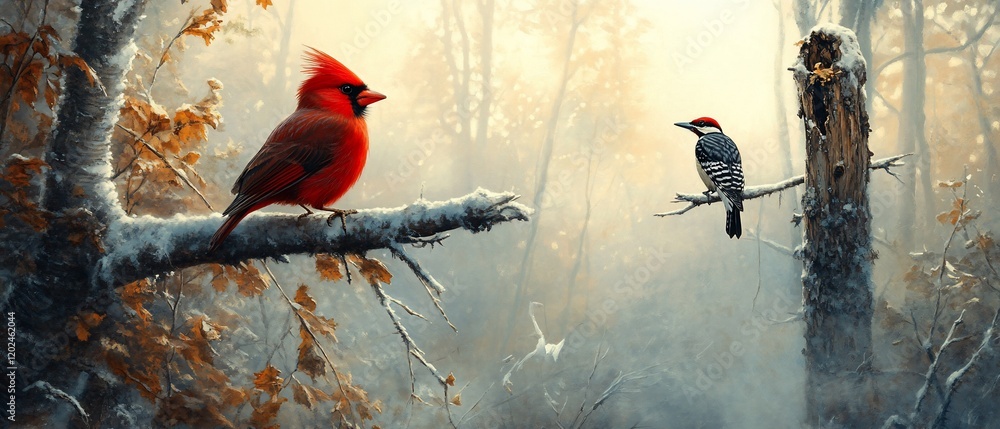 Winter forest cardinal & woodpecker. Sunrise mist. Nature scene
