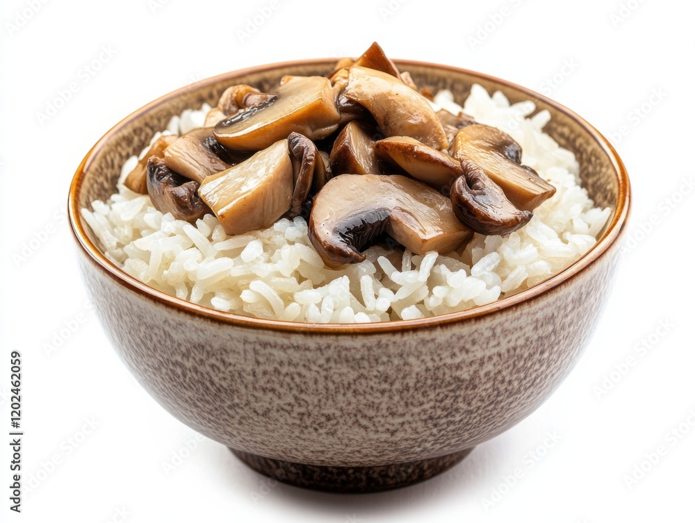 Rice grains with pork and mushrooms in a bowl. Uncooked white rice grains mixed with pork and mushrooms in a ceramic bowl. Emphasizing savory and hearty dish. Ideal for food blogs and family dinners. Rice grains with pork and mushrooms in a bowl. Uncooked white rice grains mixed with pork and mushrooms in a ceramic bowl. Emphasizing savory and hearty dish. Ideal for food blogs and family dinners.