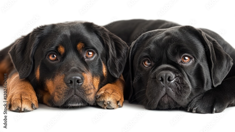 Rottweiler, pug, dogs, studio, white, lying, calm, pets, friendship, adoption Rottweiler, pug, dogs, studio, white, lying, calm, pets, friendship, adoption