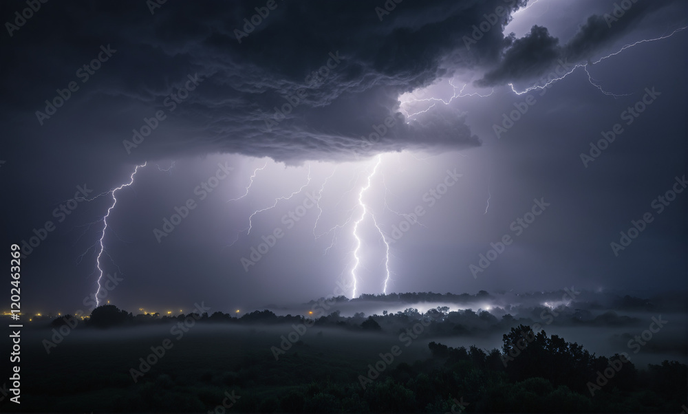 A foreboding and atmospheric scene of a stormy night with vivid lightning illuminating a dense grey fog. A foreboding and atmospheric scene of a stormy night with vivid lightning illuminating a dense grey fog.