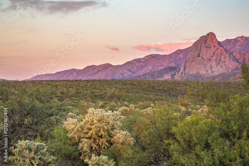 USA, Arizona, Santa Rita Mountains. Sunset on mountains and desert landscape.