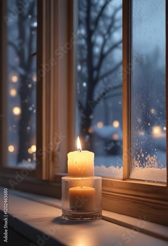 Glowing candle in front of frosted window, cozy atmosphere, atmosphere, decor, cozy, warm