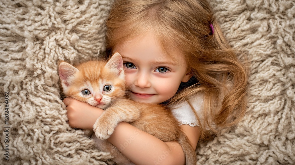 Adorable Little Girl Hugging Cute Ginger Kitten on Fluffy Blanket Adorable Little Girl Hugging Cute Ginger Kitten on Fluffy Blanket