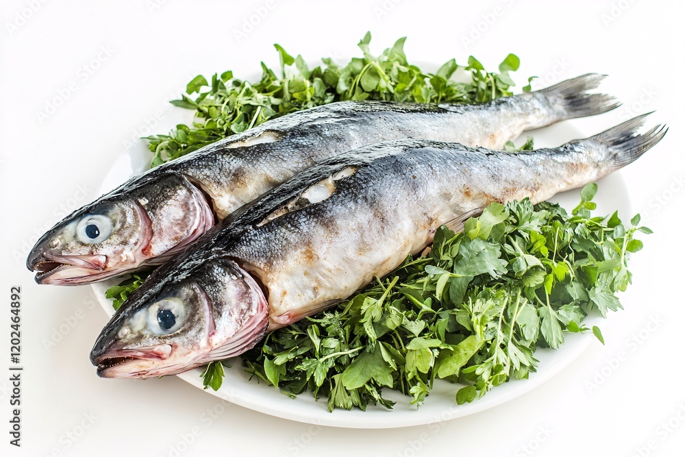 Two Fresh Raw Fish on Parsley Garnish, Seafood Plate Two Fresh Raw Fish on Parsley Garnish, Seafood Plate