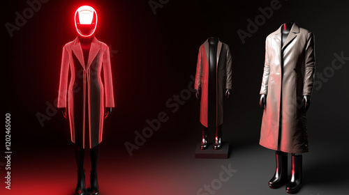 A cyberpunk display showcasing glowing neon coats, a high-tech visor, and sleek boots on mannequins, emphasizing futuristic fashion and bold minimalist aesthetics, generated using AI. photo