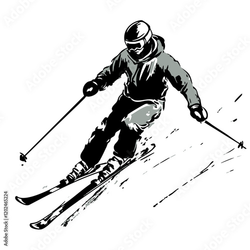 Skier Icon Vector with Transparent Background on Snowy Mountain Skiing Minimal Graphic Winter Snow Sport Sketch Drawing Artwork