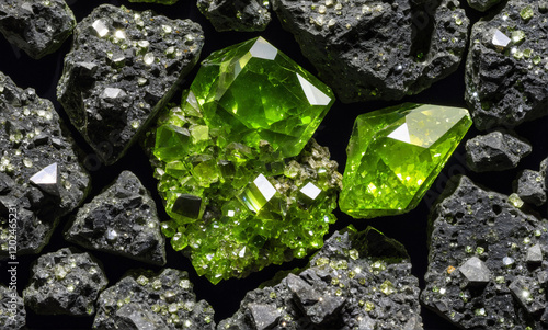   A stunning close-up of a meteorite fragment showcasing intricate peridot crystals, with detailed textures of the meteorite and crystals captured in a macro photograph.