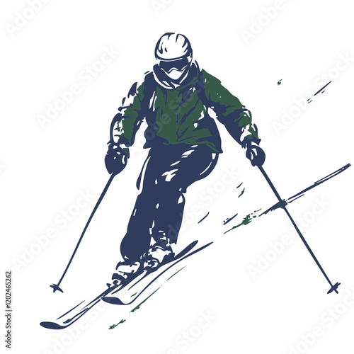 Skier Icon Vector with Transparent Background on Snowy Mountain Skiing Minimal Graphic Winter Snow Sport Sketch Drawing Artwork