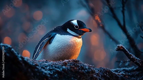 Penguin Perched on Snowy Branch at Dusk in Winter Forest photo