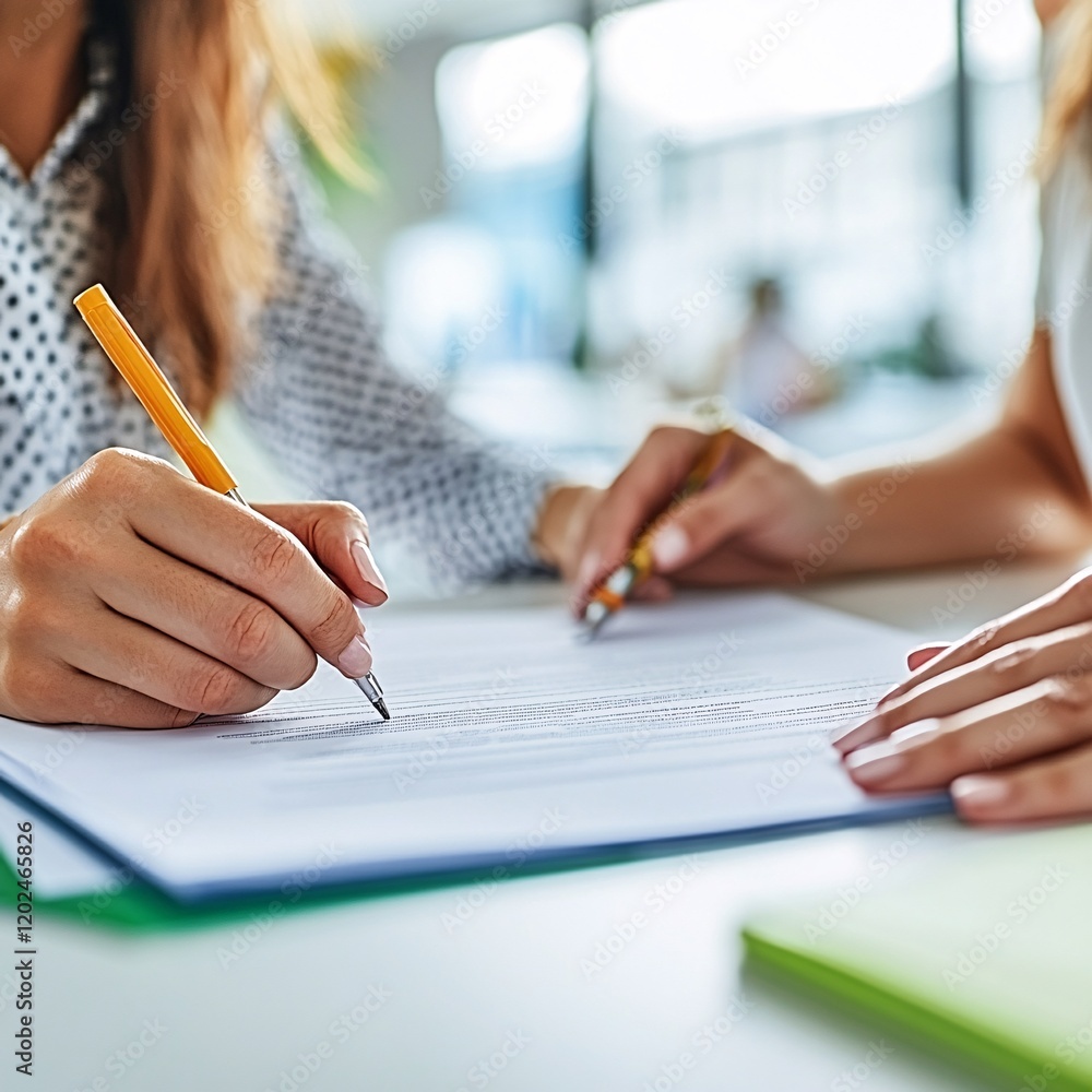 Two Women Collaborating Filling Out Documents Form Teamwork Two Women Collaborating Filling Out Documents Form Teamwork