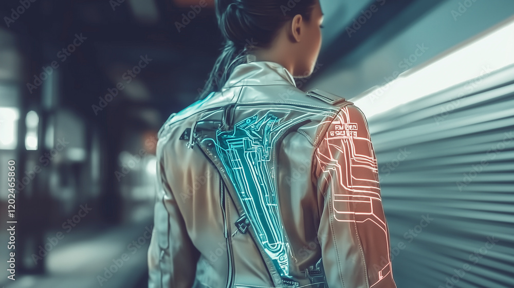 Fototapeta premium A futuristic leather jacket adorned with glowing neon blue and red circuitry patterns, worn by an individual walking through a dimly lit cyberpunk corridor with industrial design elements.