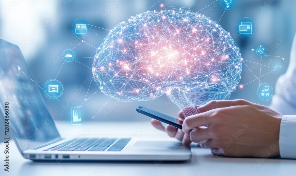 A businessman is using his laptop to create an AI digital brain network with various technological icons in the background, such as graphs and smartphones Generative AI A businessman is using his laptop to create an AI digital brain network with various technological icons in the background, such as graphs and smartphones Generative AI