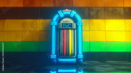 A glowing neon jukebox stands against a vibrant, multicolored tiled wall, combining retro-futuristic charm with a cyberpunk aesthetic in a brightly lit, immersive environment. photo