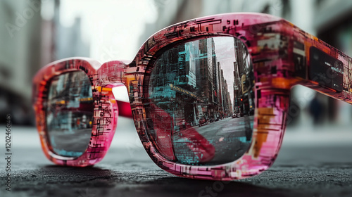 Retro-inspired glasses with pink and neon frames reflecting a cyberpunk urban cityscape, blending futuristic architecture with vivid digital overlays in a high-tech aesthetic. photo