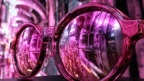 Retro-style glasses with pink neon lenses reflect a vivid futuristic cityscape, showcasing intricate cyberpunk architecture and glowing urban details under vibrant lighting. photo