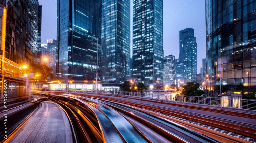 Urban train speeding through a modern city center with illuminated skyscrapers at dusk Urban train speeding through a modern city center with illuminated skyscrapers at dusk
