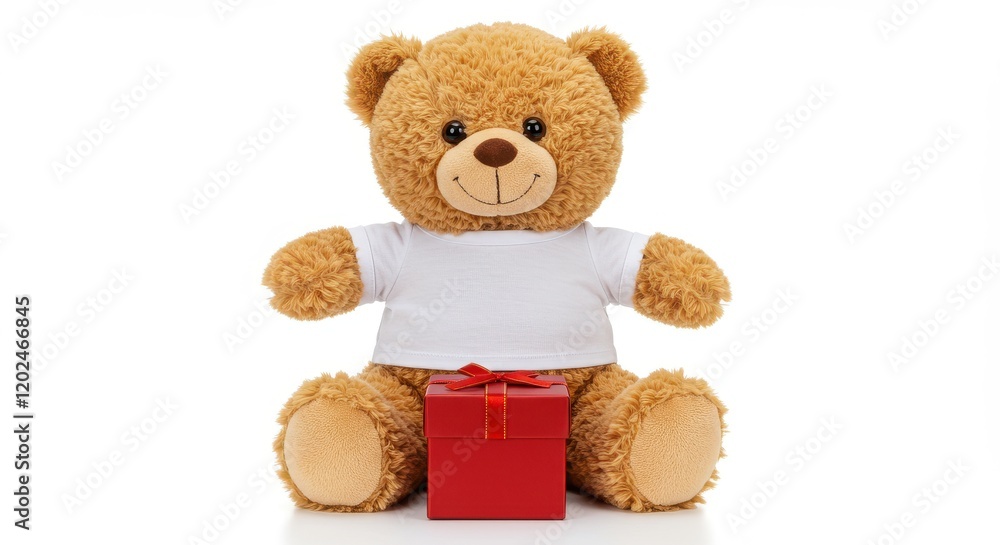 Obraz premium A plush teddy bear with a light brown fur on white background the teddy bear is sitting upright wearing a white t-shirt and there is a red gift box for valentine's day love