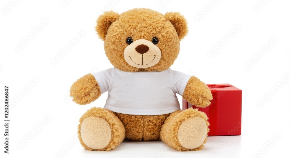 Fototapeta premium A plush teddy bear with a light brown fur on white background the teddy bear is sitting upright wearing a white t-shirt and there is a red gift box for valentine's day love