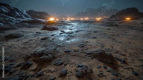 A vast, rocky cyberpunk landscape under a starry sky with glowing neon lights in the distance, blending natural desolation with futuristic city remnants. photo