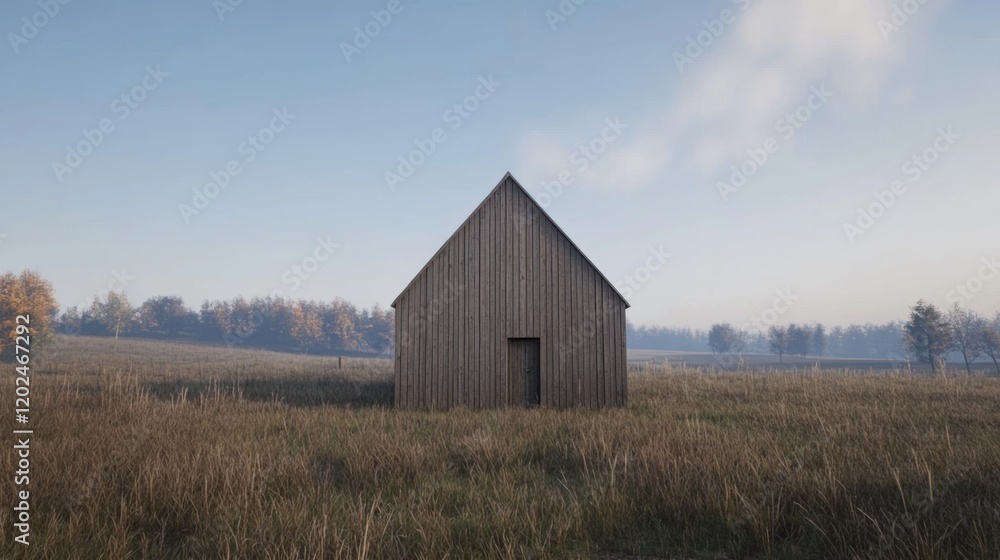 Minimalist wooden house in a tranquil autumn field. Minimalist wooden house in a tranquil autumn field.