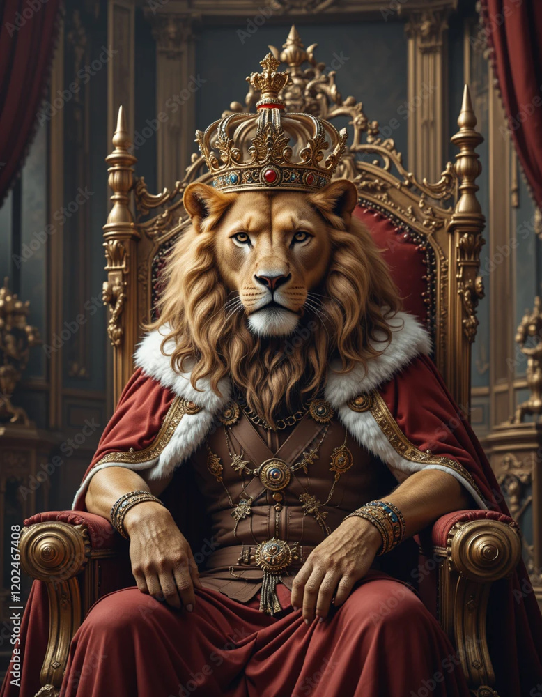 Fototapeta premium Abstract image of lion with gold crown and cape illustration generated in AI