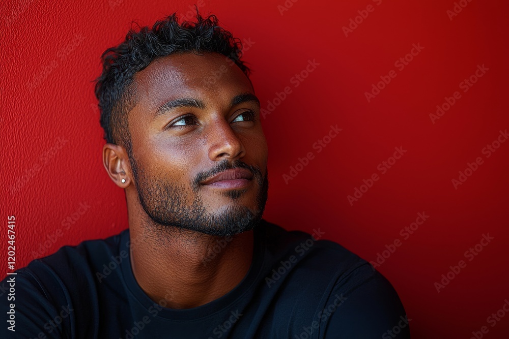 Fototapeta premium In front of a bold red backdrop stands a handsome young man with a curious expression