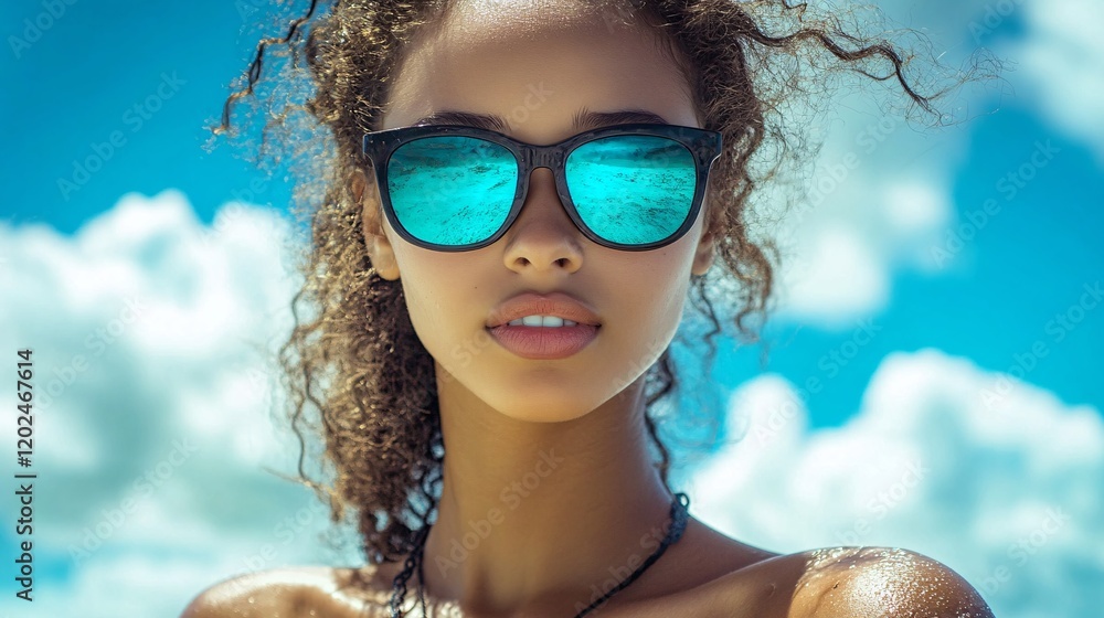 Stunning Woman with Curly Hair and Blue Sunglasses Outdoor Portrait Stunning Woman with Curly Hair and Blue Sunglasses Outdoor Portrait