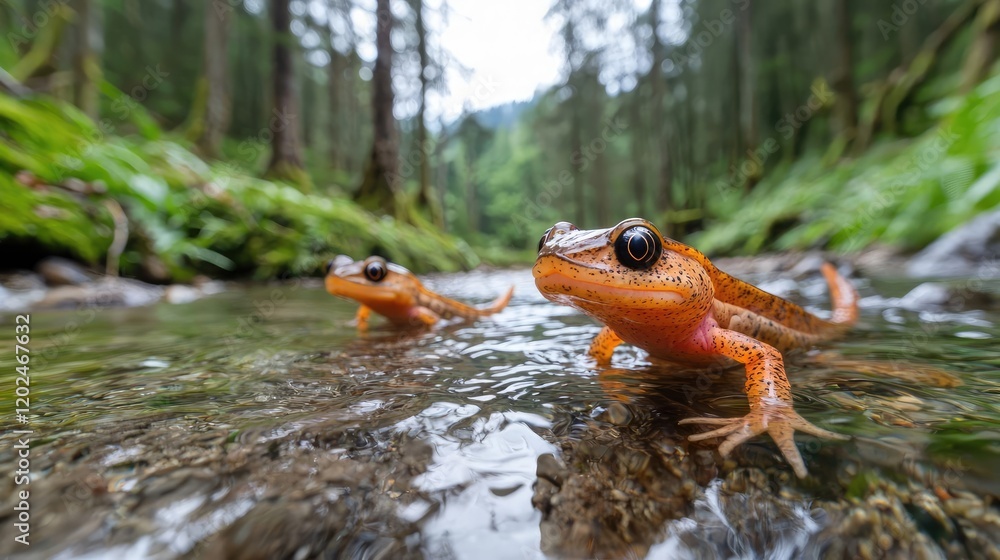 Two alpine newts in mountain stream, forest background. Nature wildlife photography for websites, blogs Two alpine newts in mountain stream, forest background. Nature wildlife photography for websites, blogs