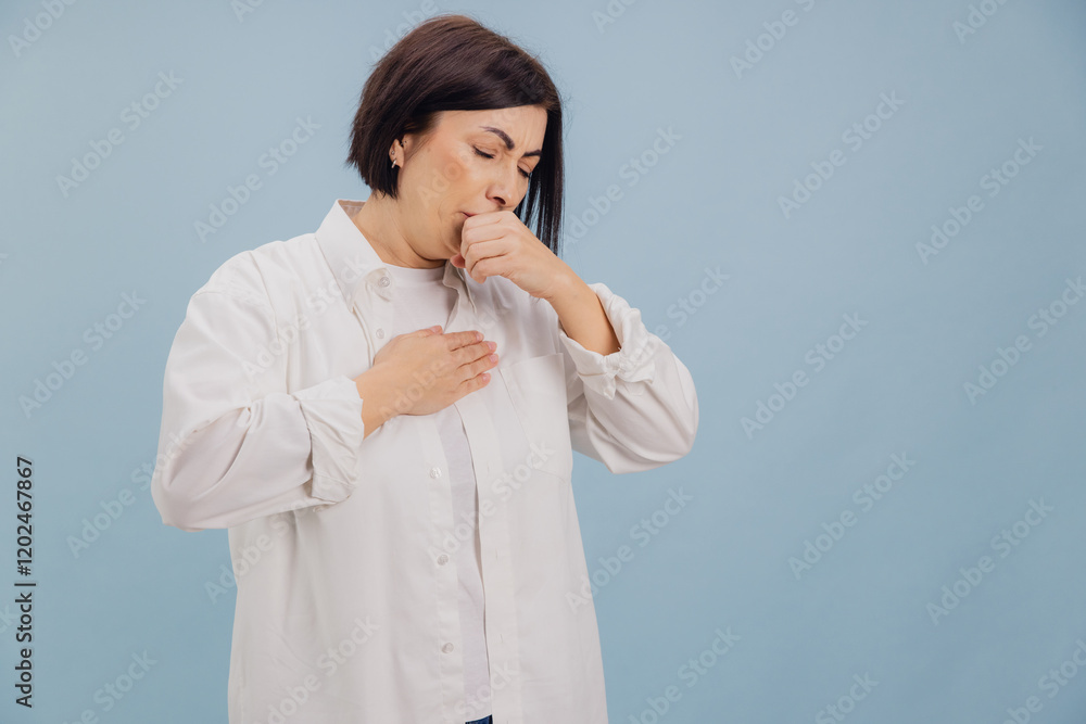 Sick Woman Coughing and Holding Chest on Blue Background Sick Woman Coughing and Holding Chest on Blue Background