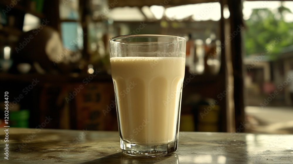 Creamy Beige Drink in Glass on Countertop, Blurred Background Creamy Beige Drink in Glass on Countertop, Blurred Background