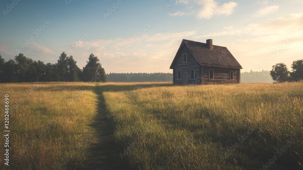 Fototapeta premium Rustic wooden house in a vast golden field at sunrise.