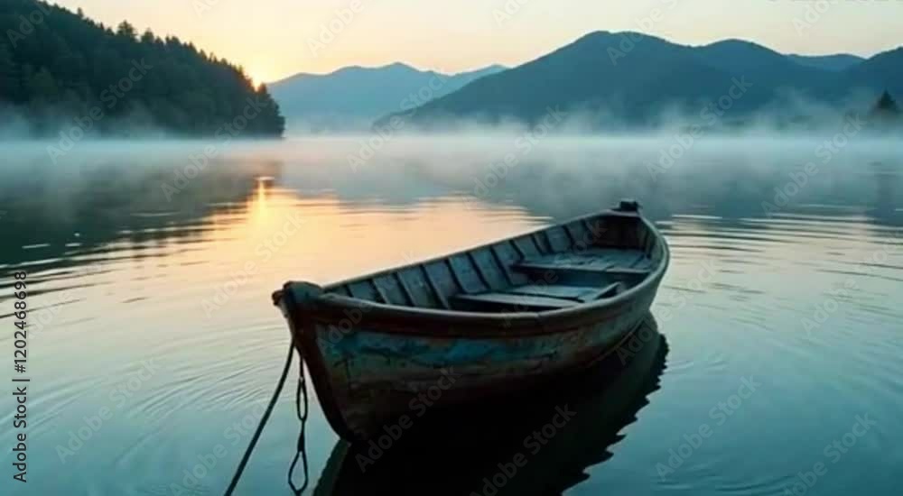 A mysterious boat floating on calm ocean waters surrounded by dense sea fog with a breathtaking view of misty mountain islands in the background creating a serene and cinematic atmosphere A mysterious boat floating on calm ocean waters surrounded by dense sea fog with a breathtaking view of misty mountain islands in the background creating a serene and cinematic atmosphere