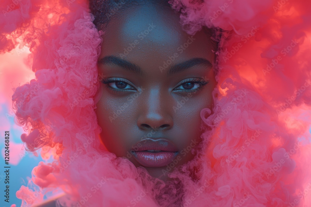 Create a portrait of an African woman featuring a vibrant color splash afro hairstyle Create a portrait of an African woman featuring a vibrant color splash afro hairstyle