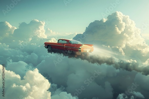 Retro red car soaring through dreamy cloudy skies, whimsical and surreal motion concept