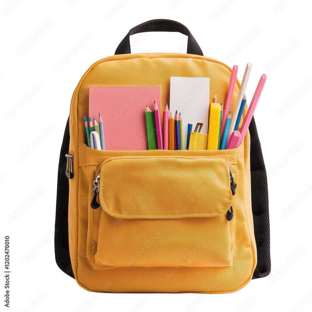 A vibrant yellow backpack filled with colorful stationery items, including pens, pencils, and notebooks, Transparent Background. A vibrant yellow backpack filled with colorful stationery items, including pens, pencils, and notebooks, Transparent Background.