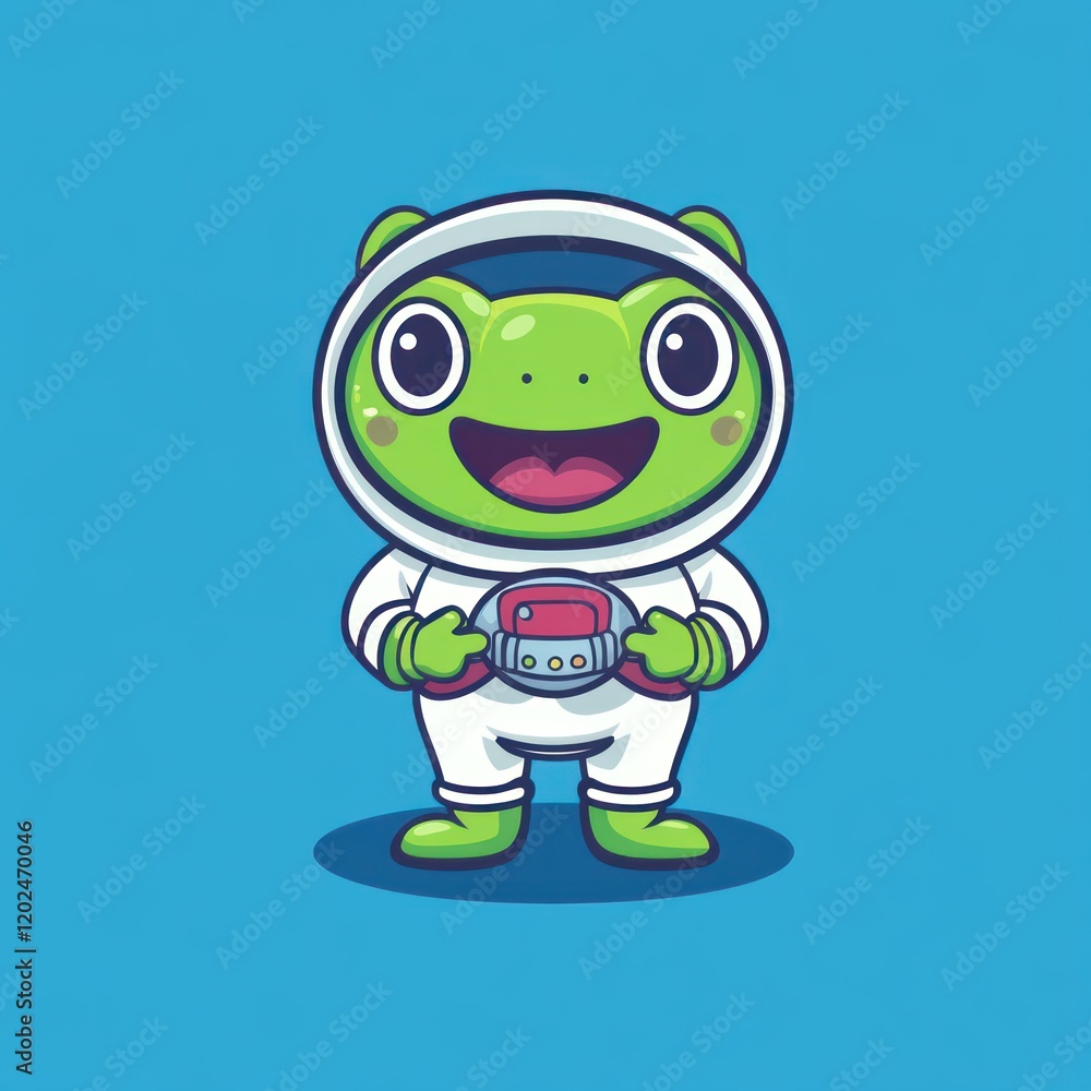 Happy frog astronaut holding device, space background, kids illustration Happy frog astronaut holding device, space background, kids illustration
