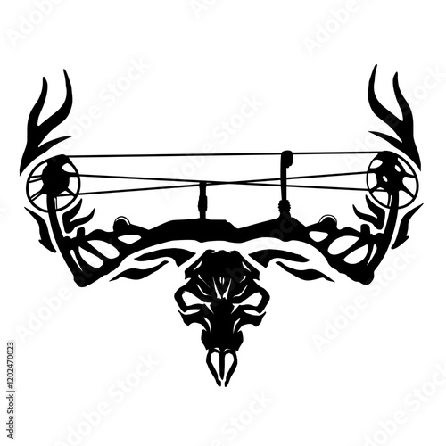Compound Bow with Skull and Antlers Silhouette Vector