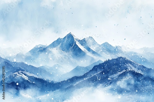 Blue-toned digital artwork of abstract mountains using watercolor techniques photo