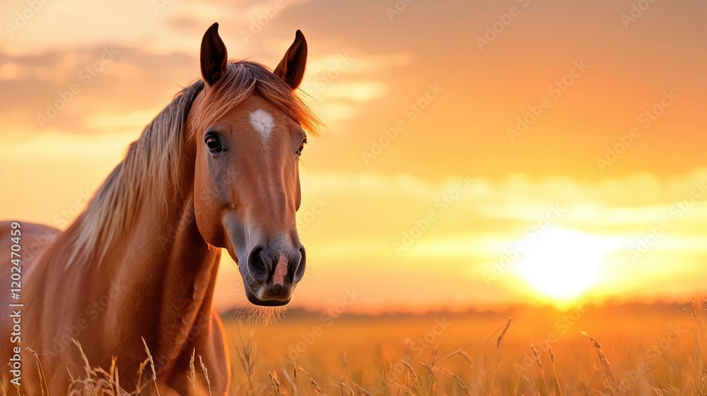 Obraz premium Chestnut horse sunset field summer calm nature
