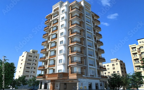 Modern High-Rise Apartment Building Architectural Design Rendering