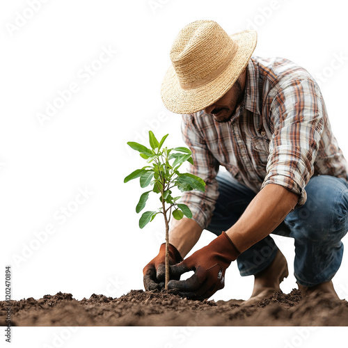 A farmer plants a young sapling into the rich soil, demonstrating care and dedication to nurturing growth, Transparent Background.