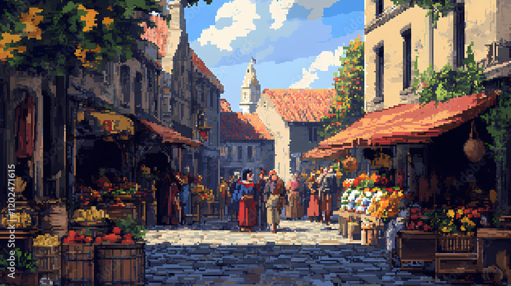 Fototapeta premium Vibrant pixel art of bustling street market with vendors and shoppers, showcasing a lively urban scene. medieval street market. illustration. Vibrant Street Market. Illustration